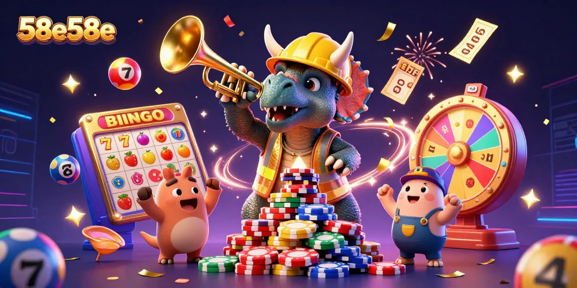 Celebrate wins with 58e58e's vibrant casino scene featuring cheerful animated dinosaurs.
