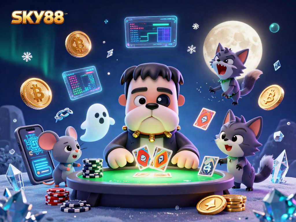 Experience the thrill of SKY88 with a vibrant, dynamic casino illustration showcasing game elements and characters.