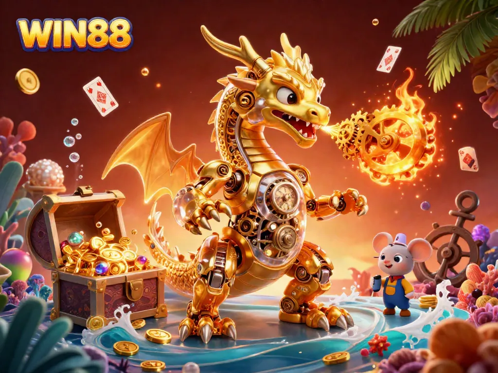 Experience the excitement at WIN88 with a golden dragon amidst treasures and casino symbols.