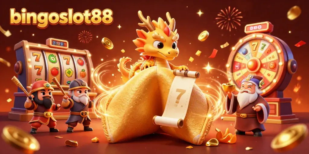 Mengalami keseruan bingoslot88 dengan karakter unik dalam ilustrasi 3D dengan simbol keberuntungan dan permainan slot.