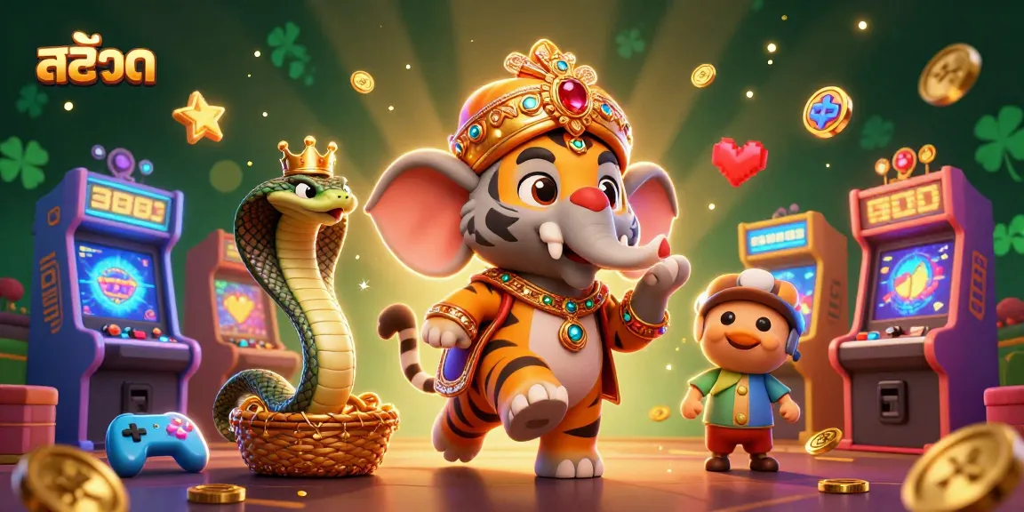Spin and win with สล็อต in this vibrant, dynamic casino illustration featuring a tiger and elephant.