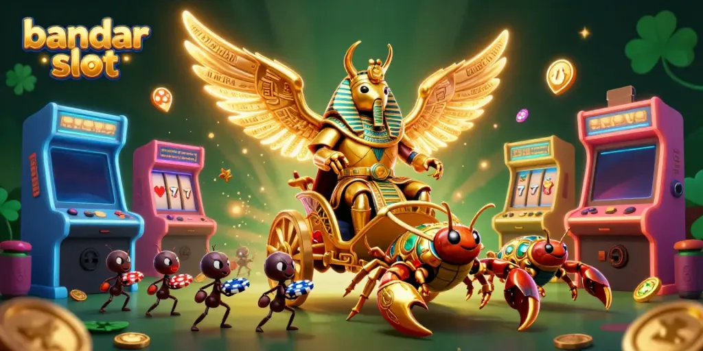 Experience thrilling gameplay in a vibrant bandar slot 3D fantasy illustration featuring unique characters and casino elements.