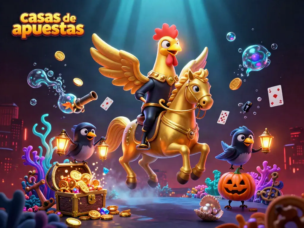 Casas de apuestas: ilustración de un gallo dorado en un casino con elementos de juego y tesoros