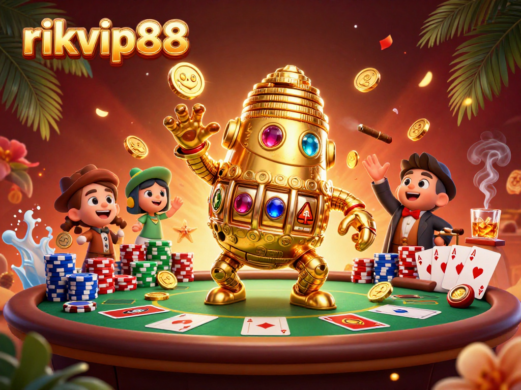 Experience thrilling gaming with rikvip88, featuring a 3D golden golem amidst poker elements and vibrant casino decor.