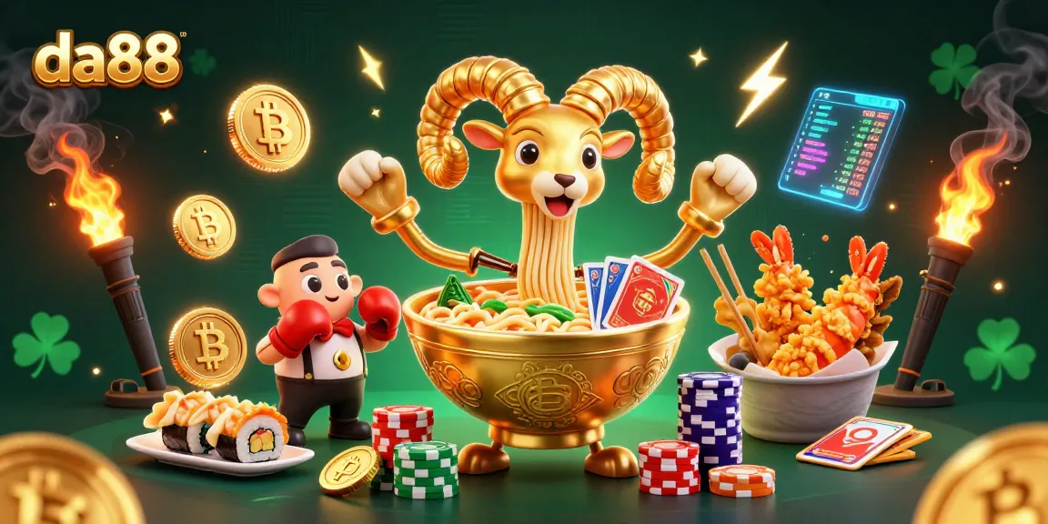da88 showcases a vibrant 3D scene of a golden ramen bowl and crypto-themed gambling elements.