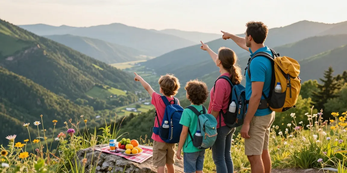 Family enjoying adventure at thatmountainlife.com scenic mountain overlook during golden hour.
