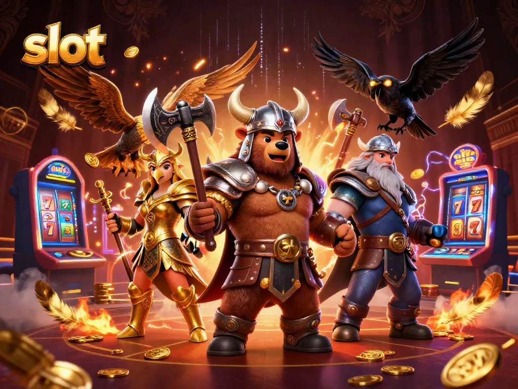 Slot gacor yang menampilkan beruang Viking, elang Valkyrie, dan ravens Odin di arena kasino.