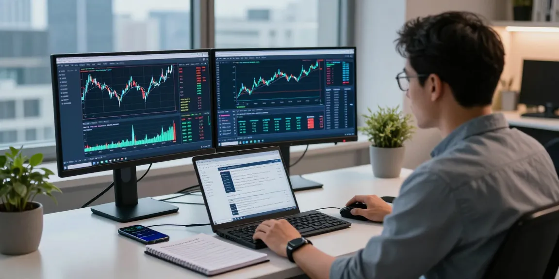 Traders using MetaTrader 4 on dual monitors in a modern office