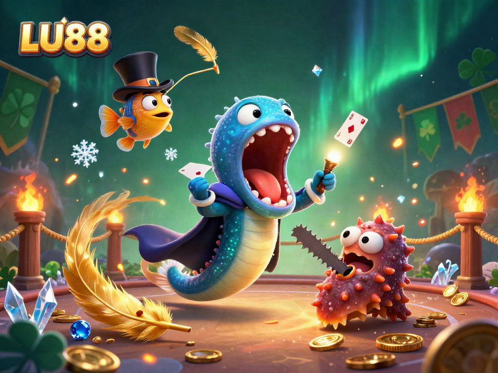Experience LU88's magic act with a deep-sea eel dazzling in gaming tricks amidst gold coins and vibrant casino elements.
