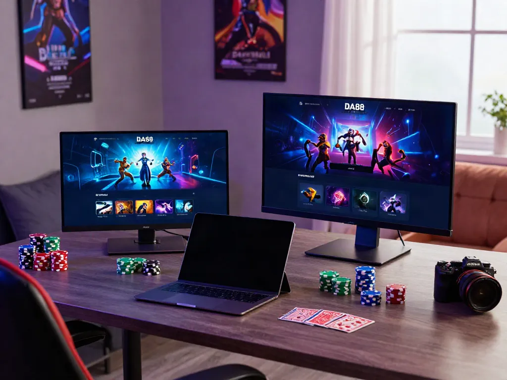 A vibrant gaming setup featuring DA88 displayed on a laptop, showcasing online gaming ambiance.