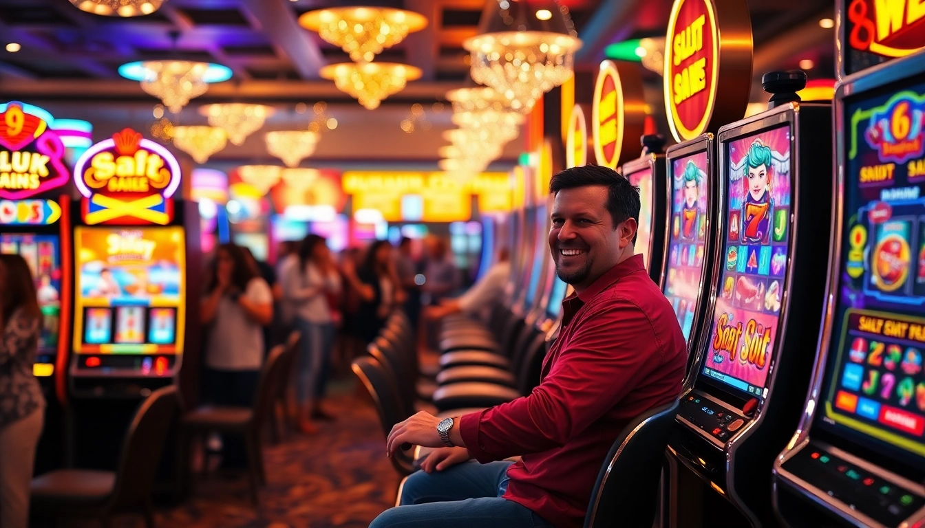 Excited player enjoying slot gambling at colorful casino slot machines.