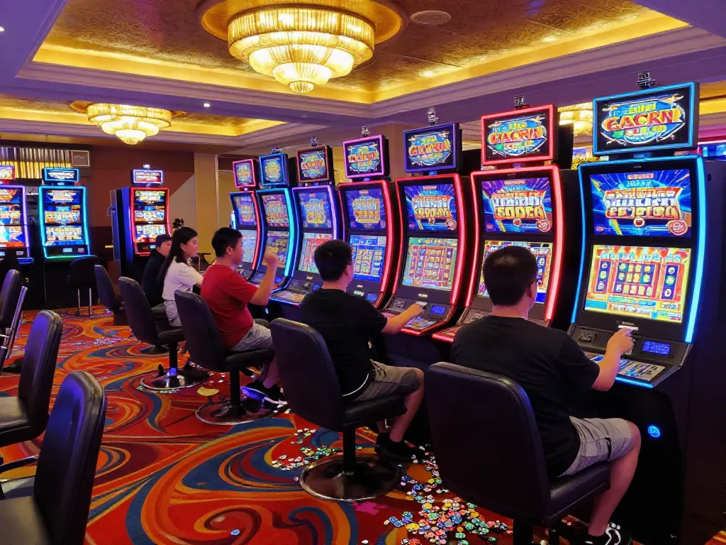 Exciting slot gacor gaming scene with diverse players celebrating wins in a vibrant casino atmosphere.