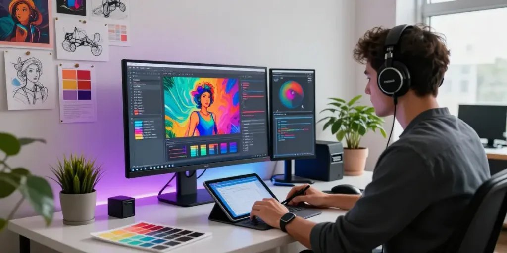 Graphic designer creating AI adult generator content in a vibrant digital art studio.