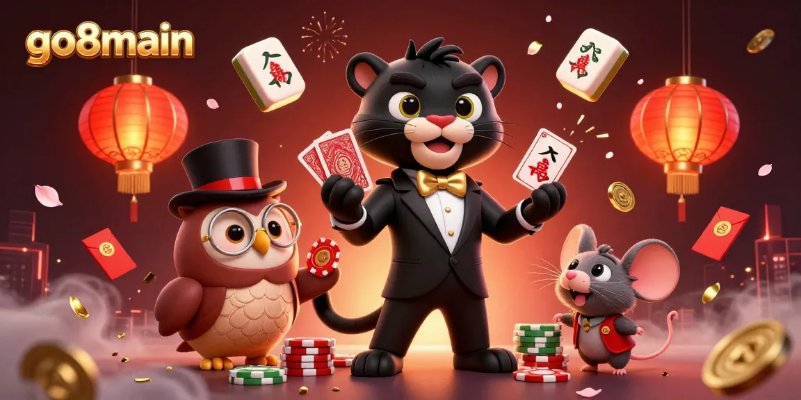 Experience the thrill of go8main as the stylish panther deals cards amidst festive gaming elements in vibrant colors.