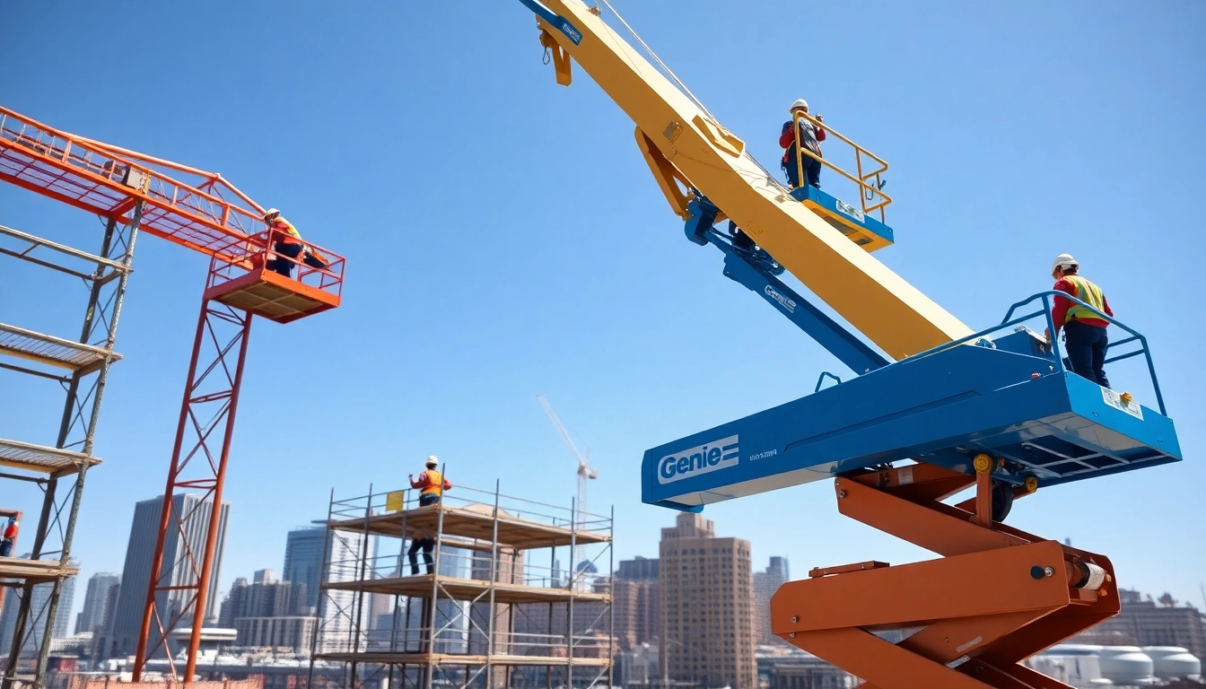 A Genie boom lift elevates workers for construction tasks at a modern site, showcasing reliability and safety.