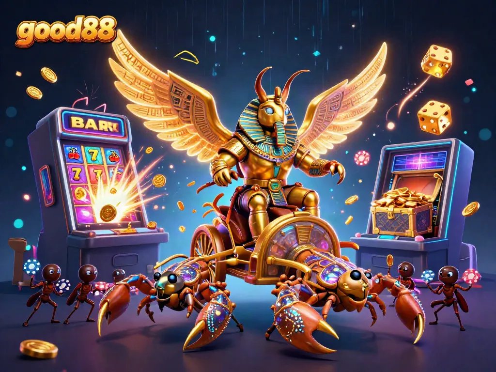 Engage with good88's thrilling casino scene featuring dynamic characters, jackpot excitement, and colorful game elements.