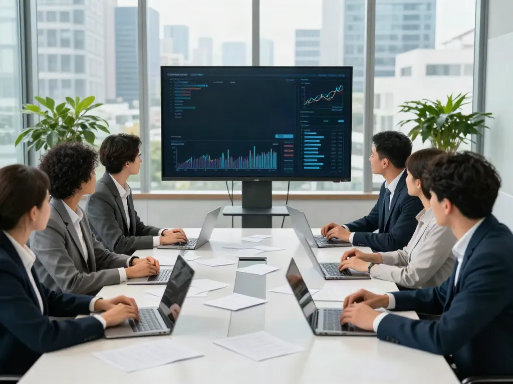 Banorte empresas team collaboration in a modern corporate conference room.