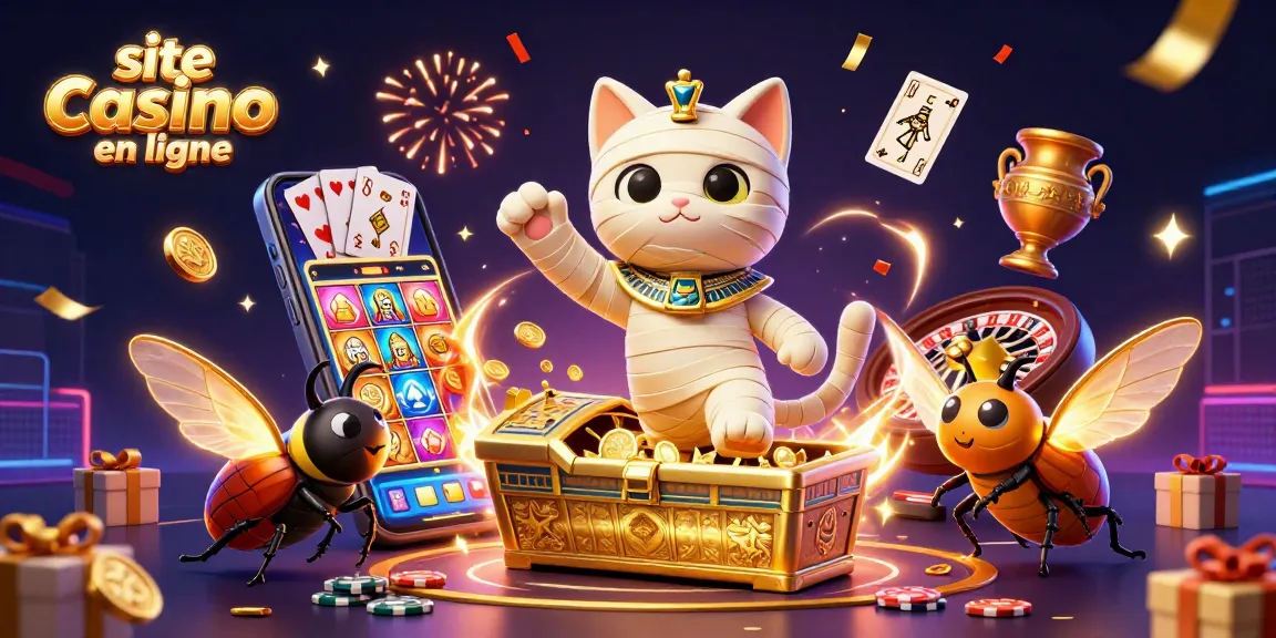 Illustration dynamique de site casino en ligne avec un chat momie et des éléments de jeux captivants.