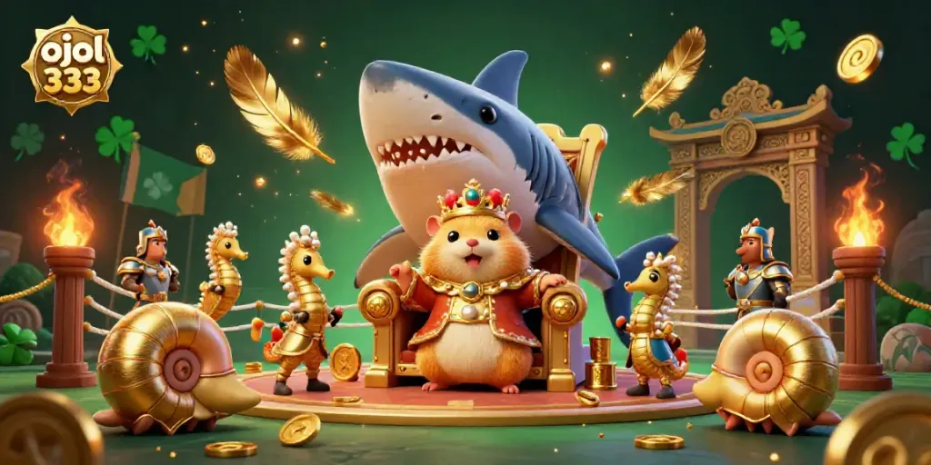 Experience the thrill of ojol 333 with a fierce hamster king in a vibrant casino setting full of colorful elements.