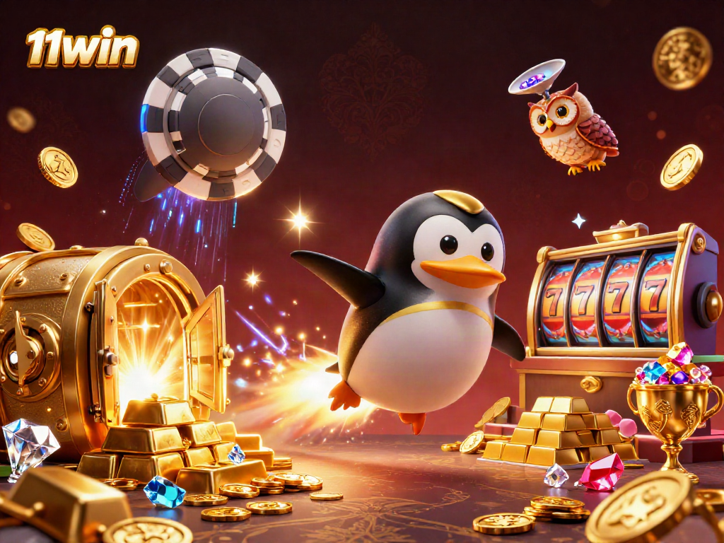 Experience thrilling slots action at 11WIN with vibrant 3D illustration featuring a golden penguin and casino elements.