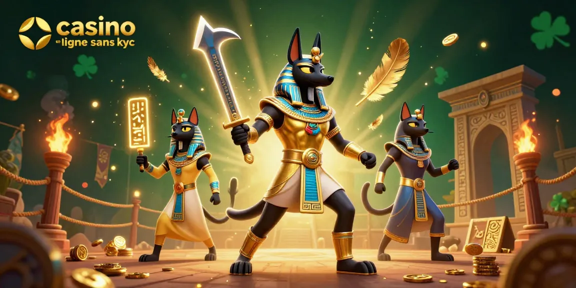 Jouer au casino en ligne sans KYC avec un guerrier égyptien et Bastet dans une scène dynamique.