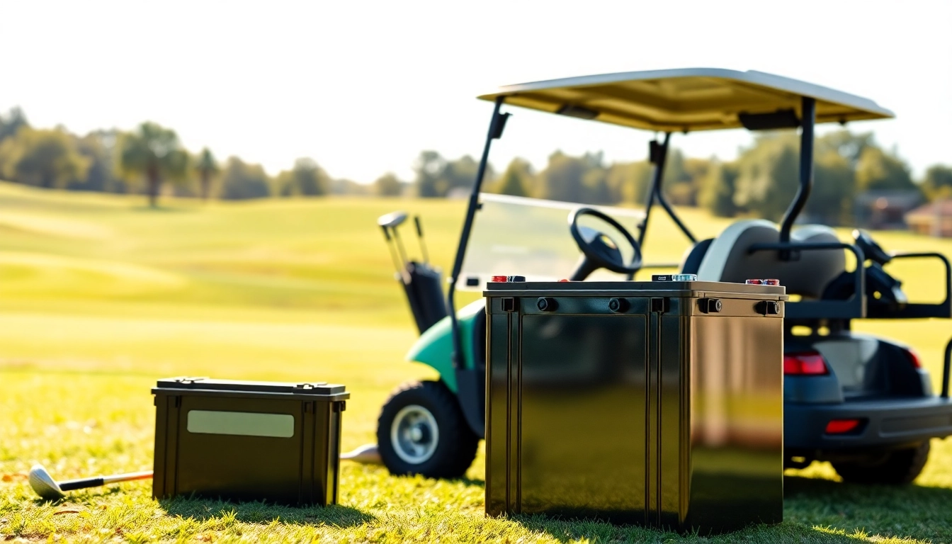 Showcase of lithium golf cart batteries emphasizing durability and performance in an outdoor setting.
