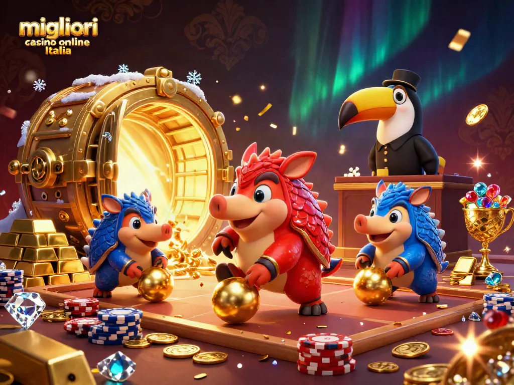 Scopri i migliori casino online Italia con pangolini e monete d'oro in un'illustrazione 3D.
