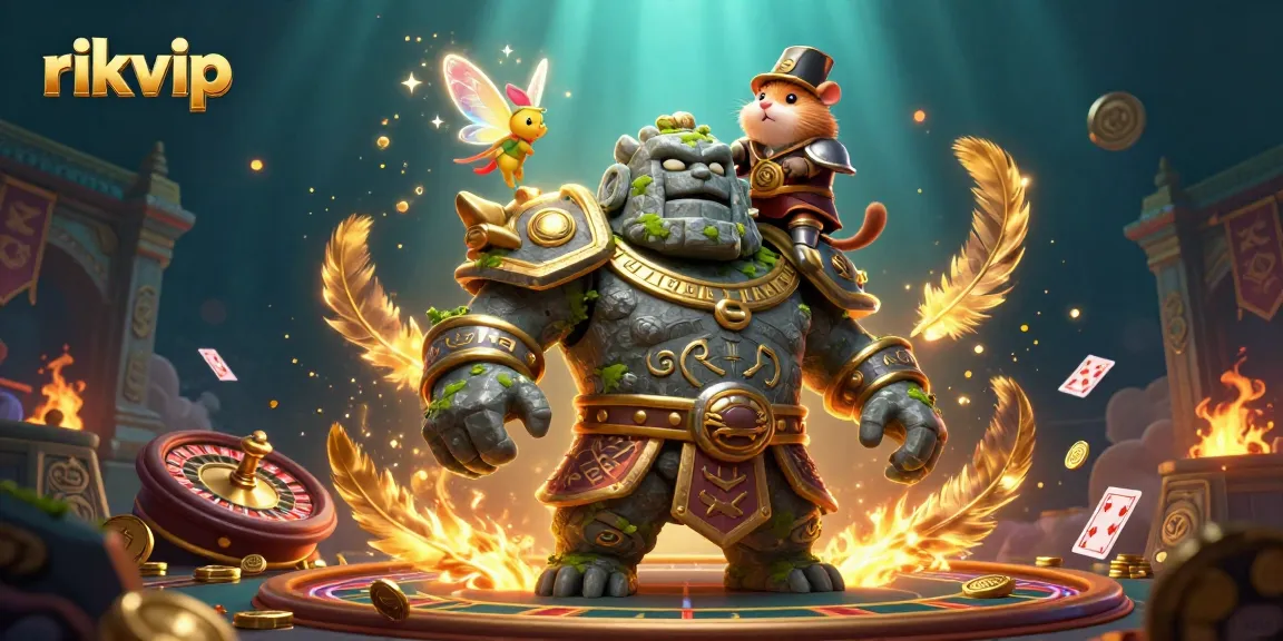 Engage with the vibrant world of rikvip, featuring a magical scene with a golem guardian and knight.