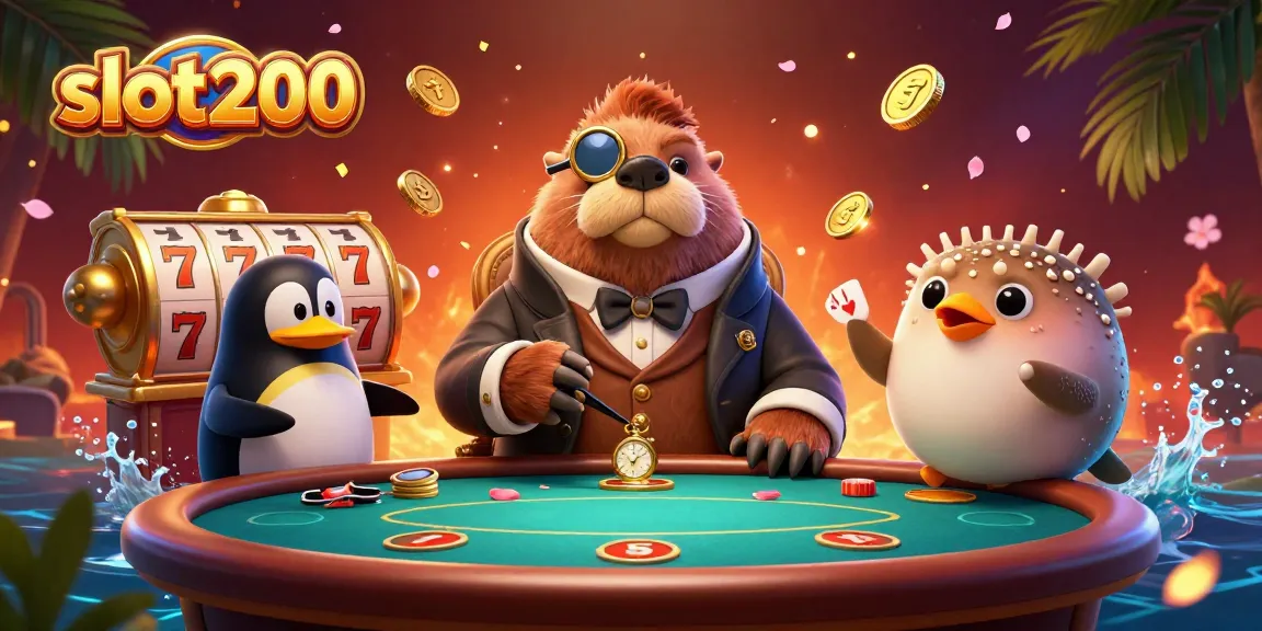 Experience thrilling gameplay at slot200 with a jovial walrus, a savvy penguin dealer, and a bluffing pufferfish amidst festive casino elements.