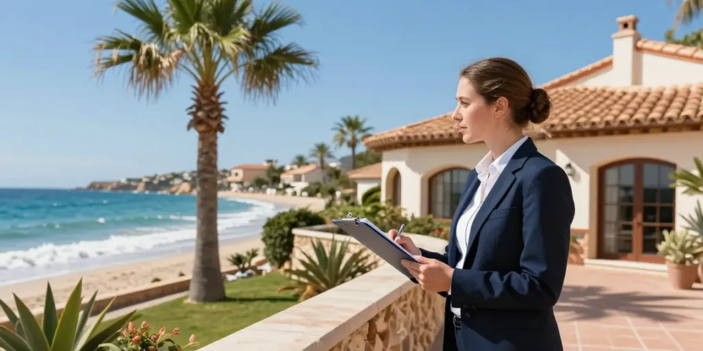 Coastal scene of a professional inspecting a second home management Spain.