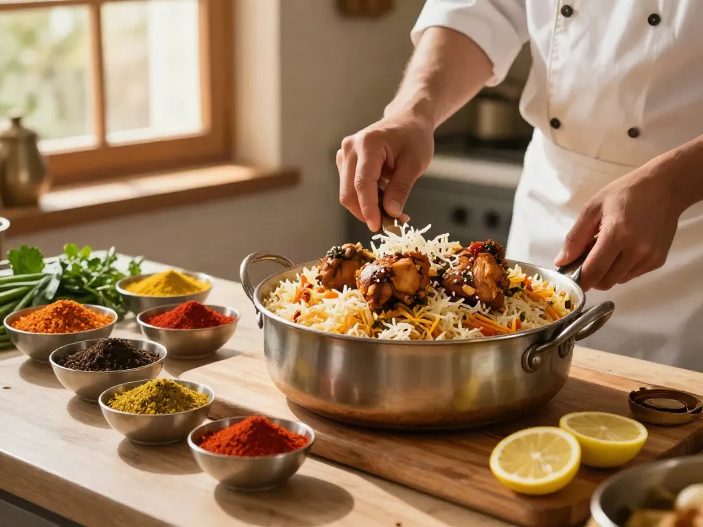 Delicious Pakistani chicken biryani recipe preparation with spices and fresh ingredients in a cozy kitchen.