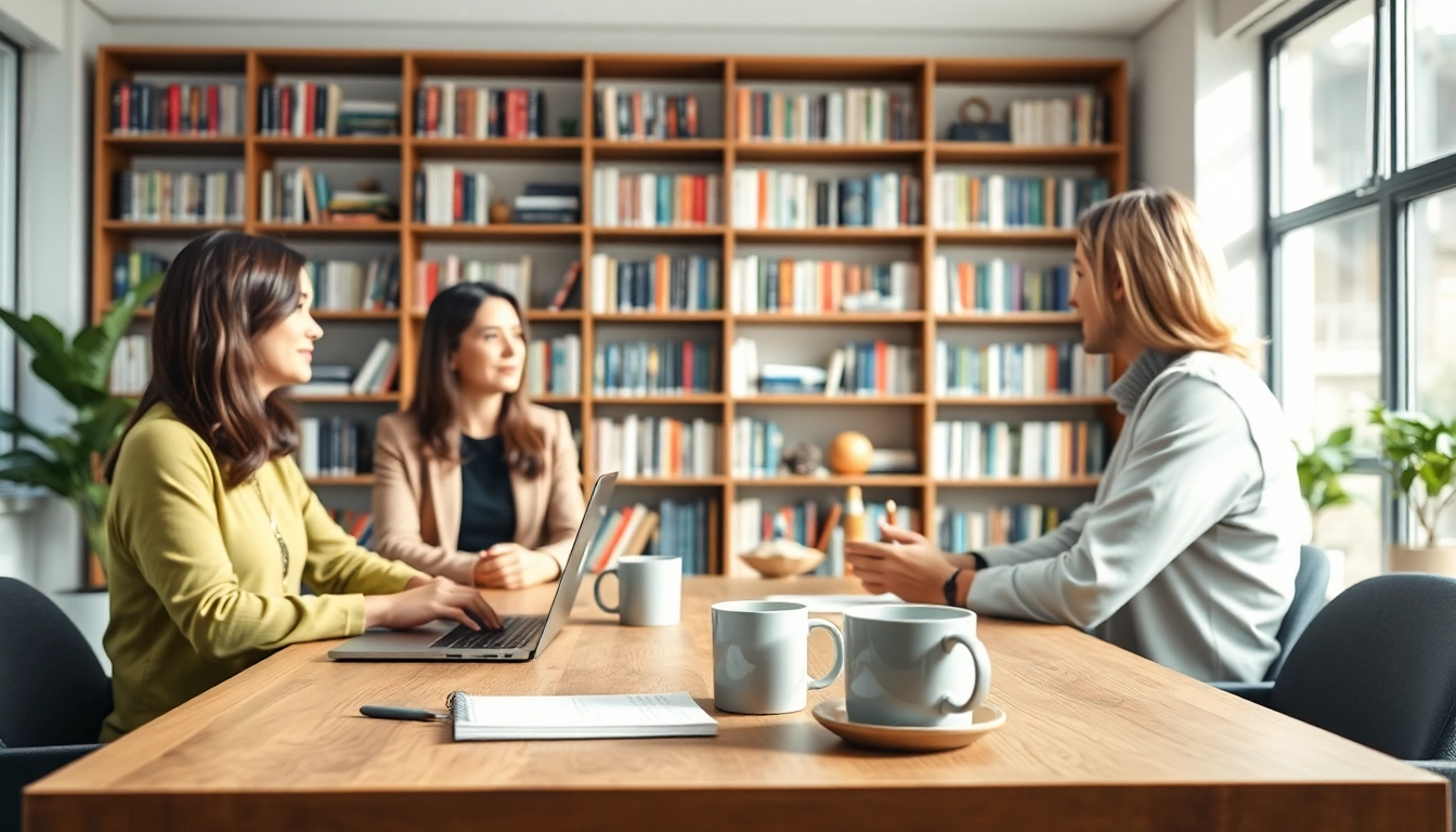 Engaging Career Coaching session with a coach and client in a bright, modern office.