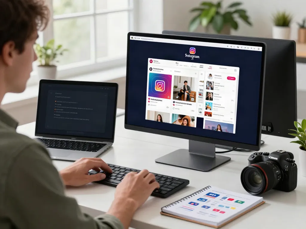 Tech-savvy individual using insanony to analyze Instagram stories in a modern workspace.