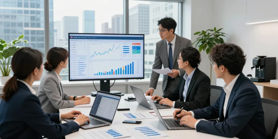 Collaborative financial services team analyzing data insights with cibc cmo in a modern corporate office setting.