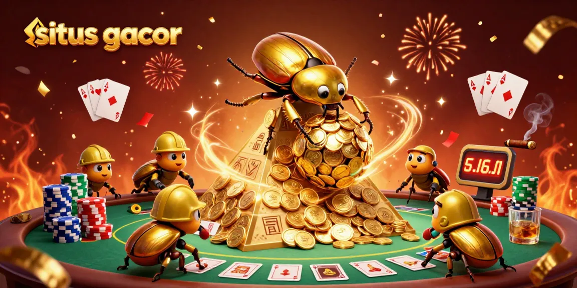 Engage with situs gacor, showcasing a dynamic casino scene with golden beetles and poker elements.