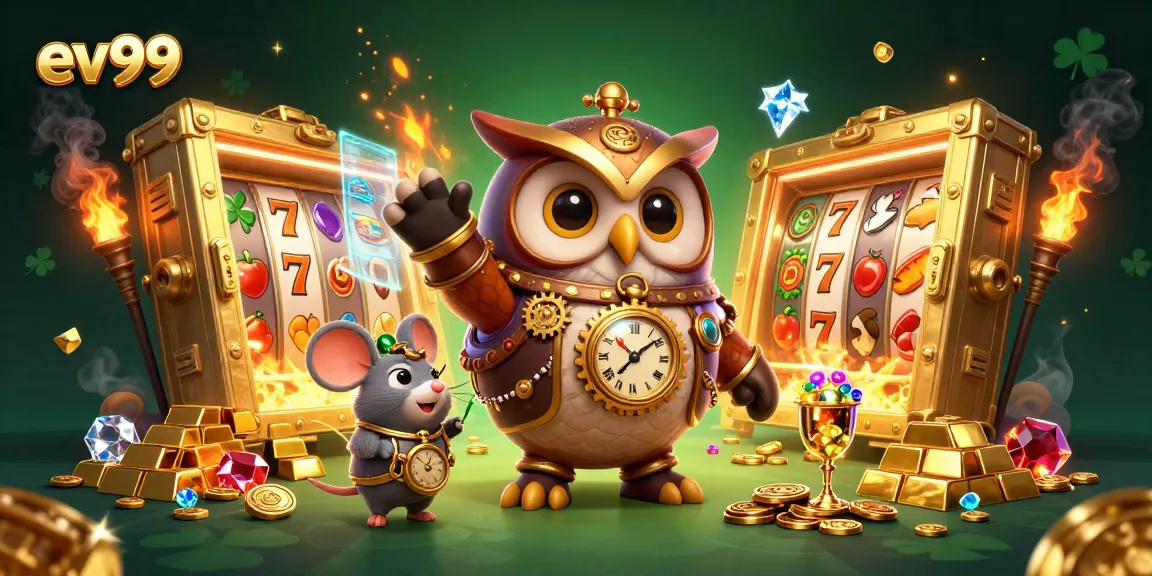 Win big at ev99 in this lively 3D casino illustration showcasing slot reels and more!