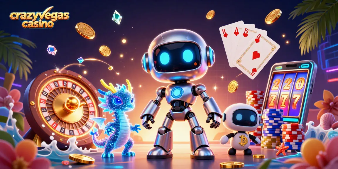 Experience the thrill at crazyvegas casino with animated characters amidst vibrant casino elements.