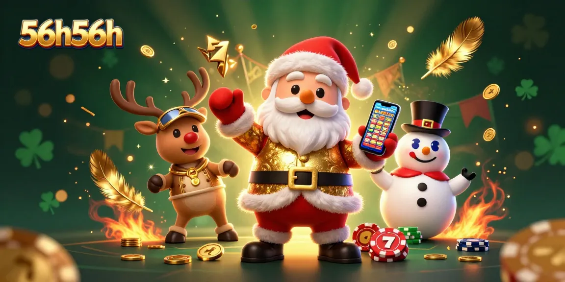 Engage with the 56h56h casino scene featuring Santa, reindeer, and snowman celebrating jackpots and slot wins.