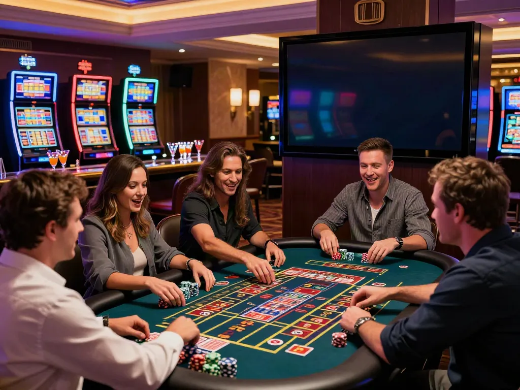 A diverse group enjoying the thrill of gaming at a casino featuring ahha4d slot machines and vivid lighting.