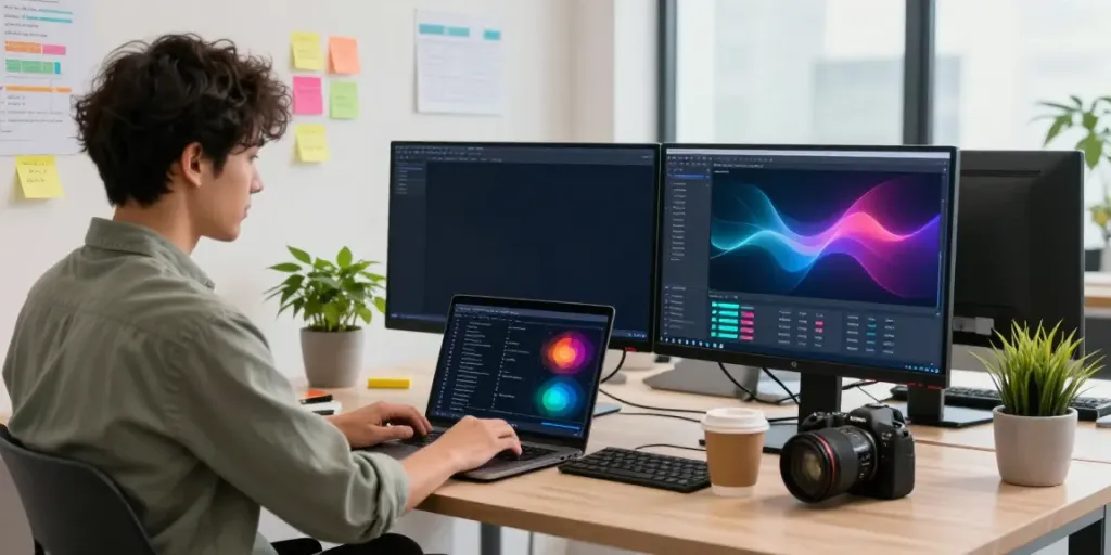 Focused developer working on instant indexing strategies at a modern workspace