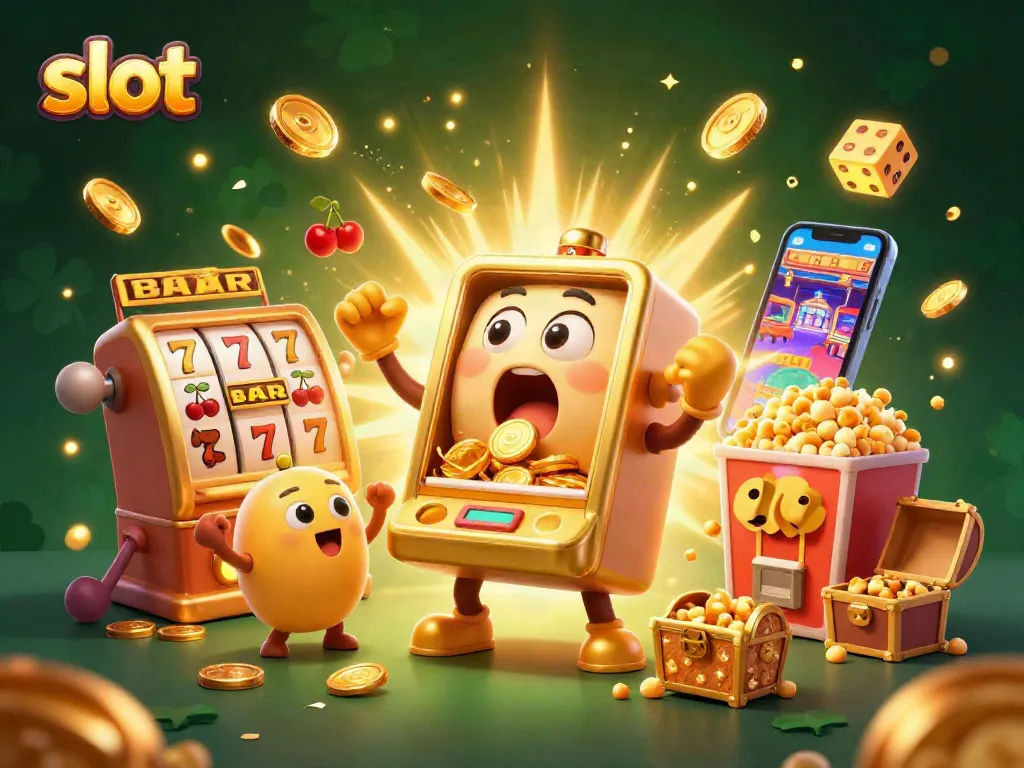 Slot mesin emas mendapatkan jackpot sambil dikelilingi oleh simbol dan koin bersinar.