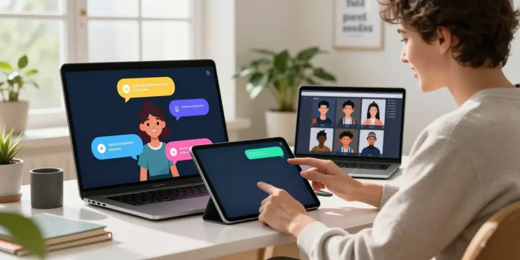 Engaging AI companion chats at https://companion.crushon.ai/ in a bright virtual workspace with colorful character displays.