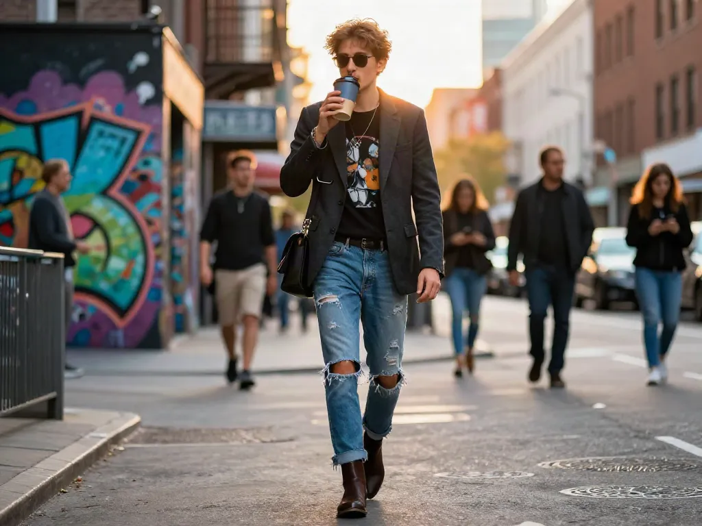 Fashionisk .com showcased with an individual in a stylish urban outfit against a vibrant sunset backdrop.