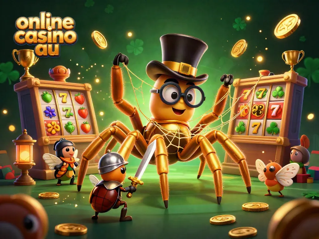Experience excitement at online casino au with vibrant slot reels and animated characters in a dynamic scene.