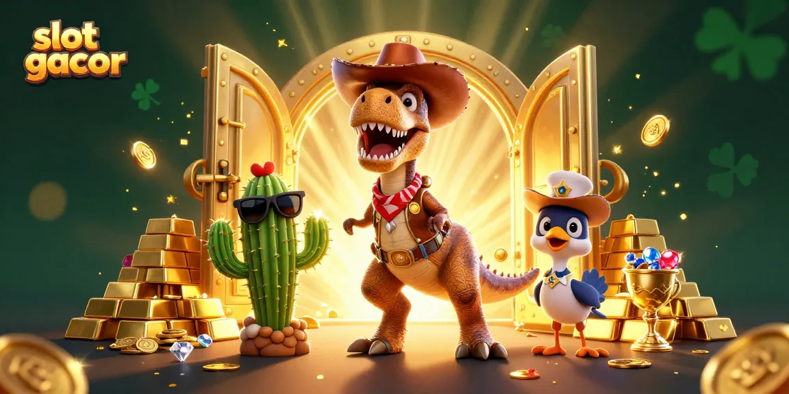 Slot gacor dengan dinosaur cowboy dan karakter menarik lainnya dalam suasana jackpot berkilau.