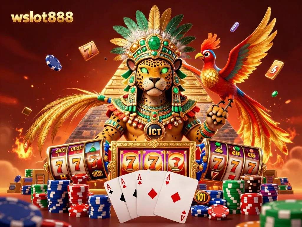 Wslot888 tampil dalam ilustrasi 3D dengan Jaguar Maya dan permainan slot menarik.