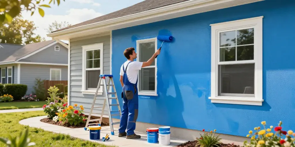 Painting contractors in Camden, ME applying fresh paint on a home exterior with vibrant colors.