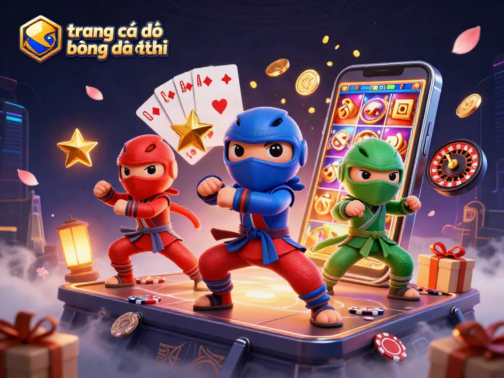 Các ninja chameleon thực hiện poses võ thuật trên mái nhà trong bối cảnh trang cá độ bóng đá uy tín.
