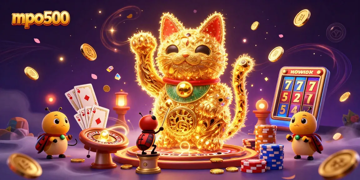 Win big at mpo500 with a vibrant scene of a lucky cat and casino icons.