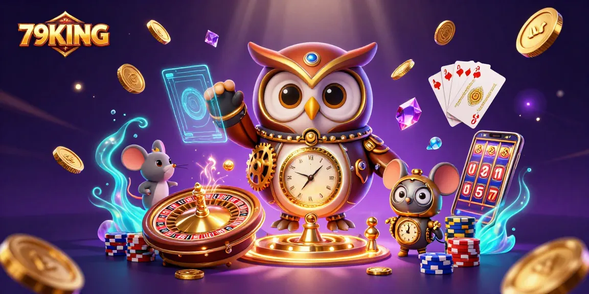 Experience the thrill of 79KING with steampunk characters amidst swirling casino elements.